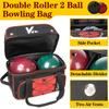 Kioqiear Double Roller 2 Ball Bowling Bag with Large Separate Shoe Compartment and Oversized Accessory Pocket, 36" Extendable Handle. (RED) view 3
