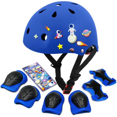 DINILEMU Kids Bike Helmet with DIY Stickers and Knee Pads Elbow Pads Wrist Guard Set for Ages 3-5-8 Toddler Boys Girls Helmet for Roller Skates Cycling Skateboarding Bicycle Scooter-Blue