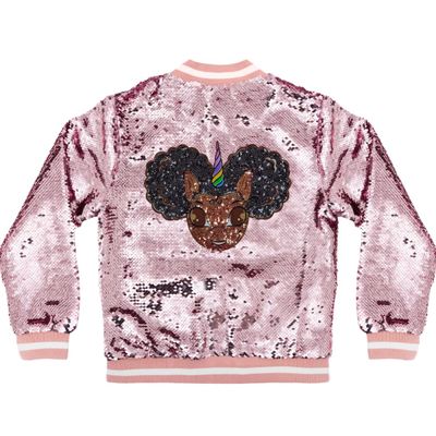 Girl's Sequin Jacket with Afro Puff Unicorn Studded Logo Patch - Sparkle Pink (US, Numeric, 6, 7, Regular, Sparkle Pink)
