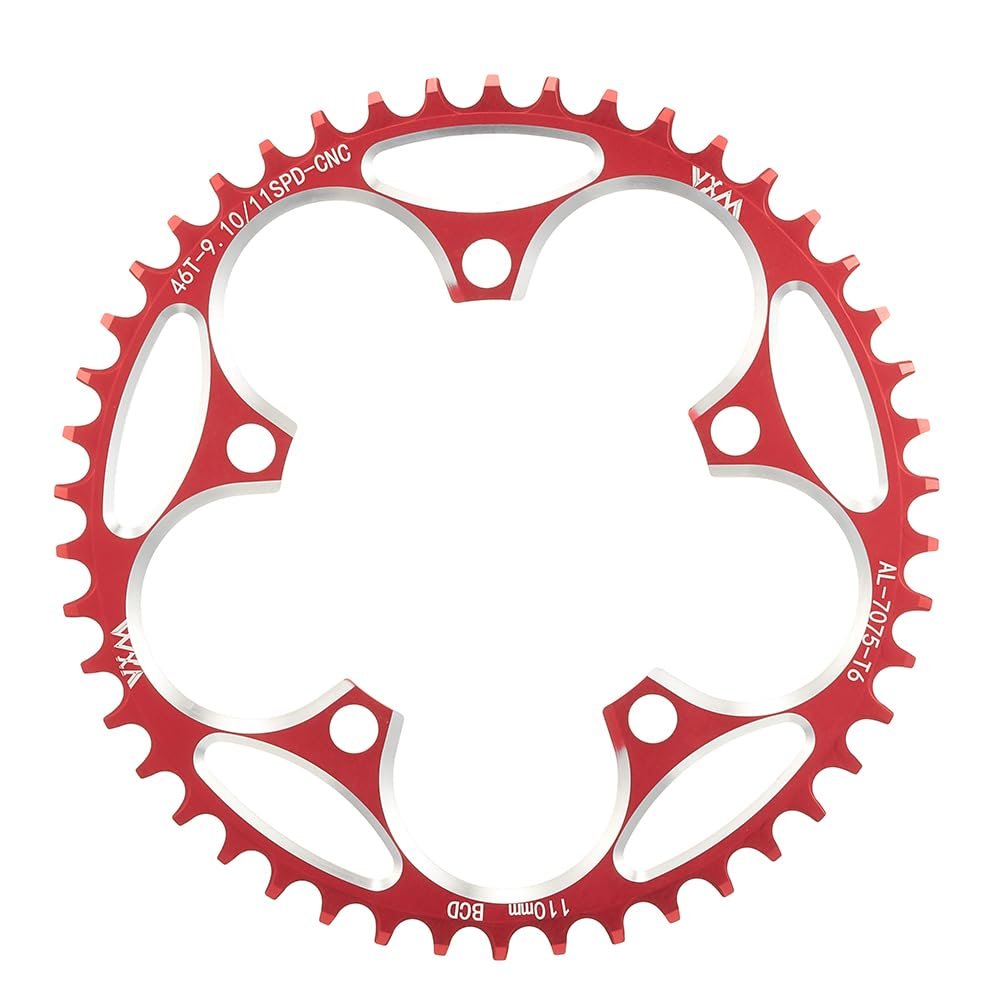 KTKEET 110/130BCD Chainring 36/38/40/42/44/46/48/50/52/54/56/58/60T Round Narrow Wide Chainring 5 Bolts Bicycle Chainwheel for 8-12 Speed Road Bike Folding Bicycle (Red,110BCD 46T)