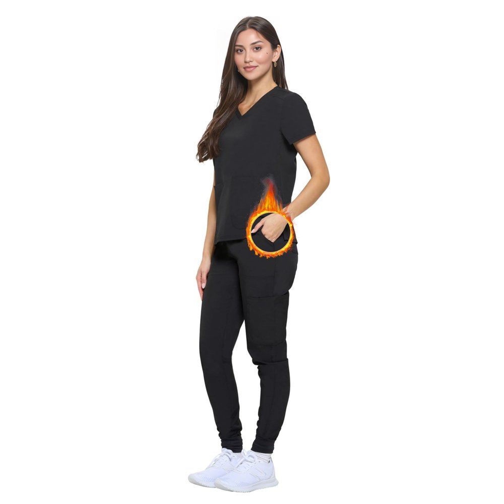 ACTIVE UNIFORMS Women's Essential Scrub Set Cool Stretch Jogger Scrub Top and Pant Nursing Uniform Clearance Workwear (Black, X-Small)