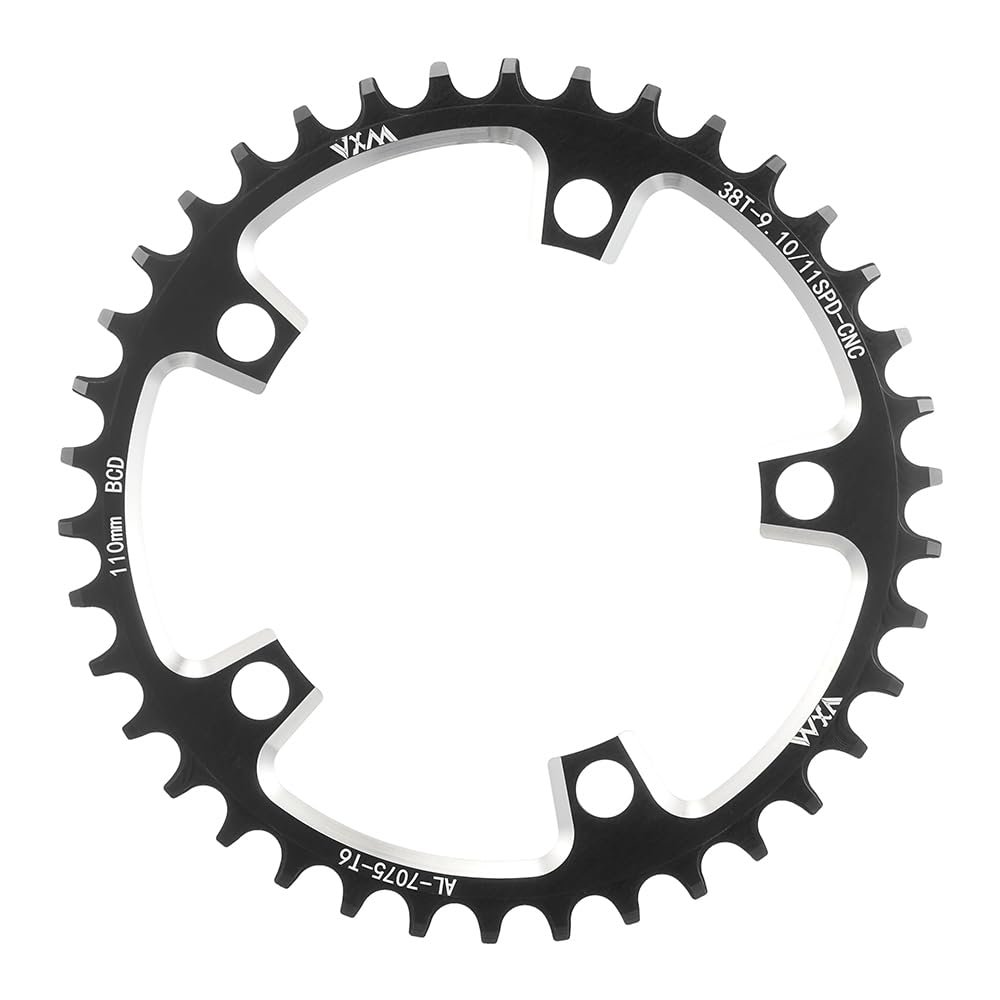 KTKEET 110/130BCD Chainring 36/38/40/42/44/46/48/50/52/54/56/58/60T Round Narrow Wide Chainring 5 Bolts Bicycle Chainwheel for 8-12 Speed Road Bike Folding Bicycle (Black,110BCD 38T)