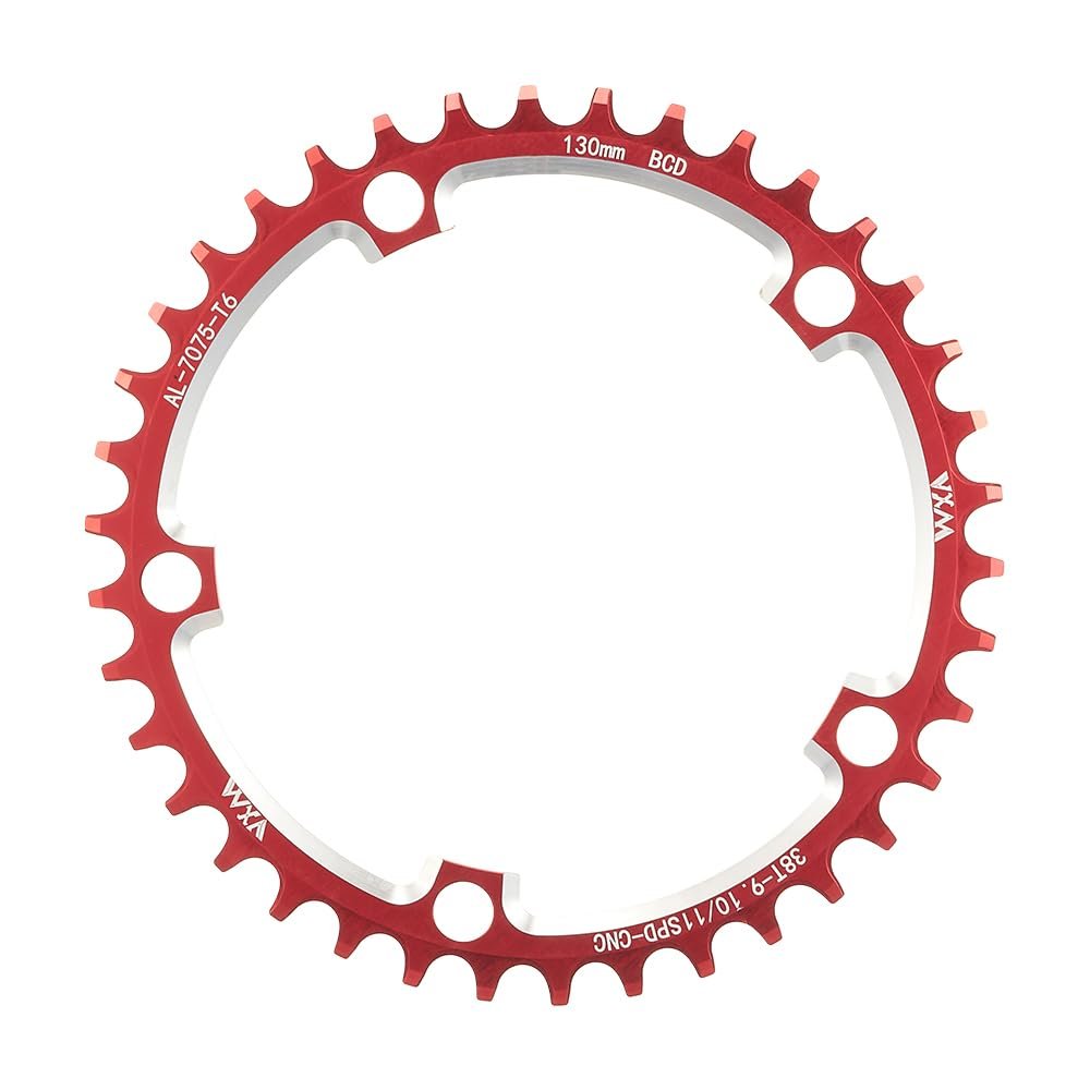 KTKEET 110/130BCD Chainring 36/38/40/42/44/46/48/50/52/54/56/58/60T Round Narrow Wide Chainring 5 Bolts Bicycle Chainwheel for 8-12 Speed Road Bike Folding Bicycle (Red,130BCD 38T)
