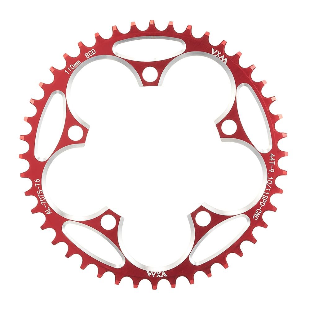 KTKEET 110/130BCD Chainring 36/38/40/42/44/46/48/50/52/54/56/58/60T Round Narrow Wide Chainring 5 Bolts Bicycle Chainwheel for 8-12 Speed Road Bike Folding Bicycle (Red,110BCD 44T)