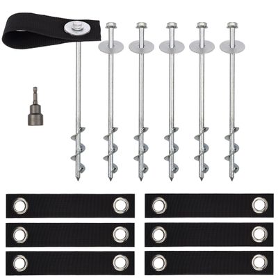 Trampoline Anchors High Wind Heavy Duty 12" Set of 6 with Straps, Drill Bit - Trampoline Anchor Kit - Trampoline Stakes Anchors High Wind - Ground Anchors - Trampoline Wind Stakes - Ground Stakes