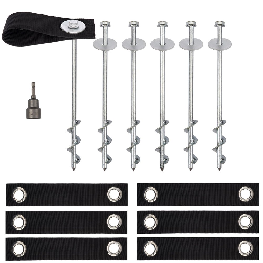 Trampoline Anchors High Wind Heavy Duty 12" Set of 6 with Straps, Drill Bit - Trampoline Anchor Kit - Trampoline Stakes Anchors High Wind - Ground Anchors - Trampoline Wind Stakes - Ground Stakes