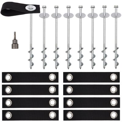 Trampoline Anchors High Wind Heavy Duty 12" Set of 8 with Straps, Drill Bit - Trampoline Anchor Kit - Trampoline Stakes Anchors High Wind - Ground Anchors - Trampoline Wind Stakes - Ground Stakes