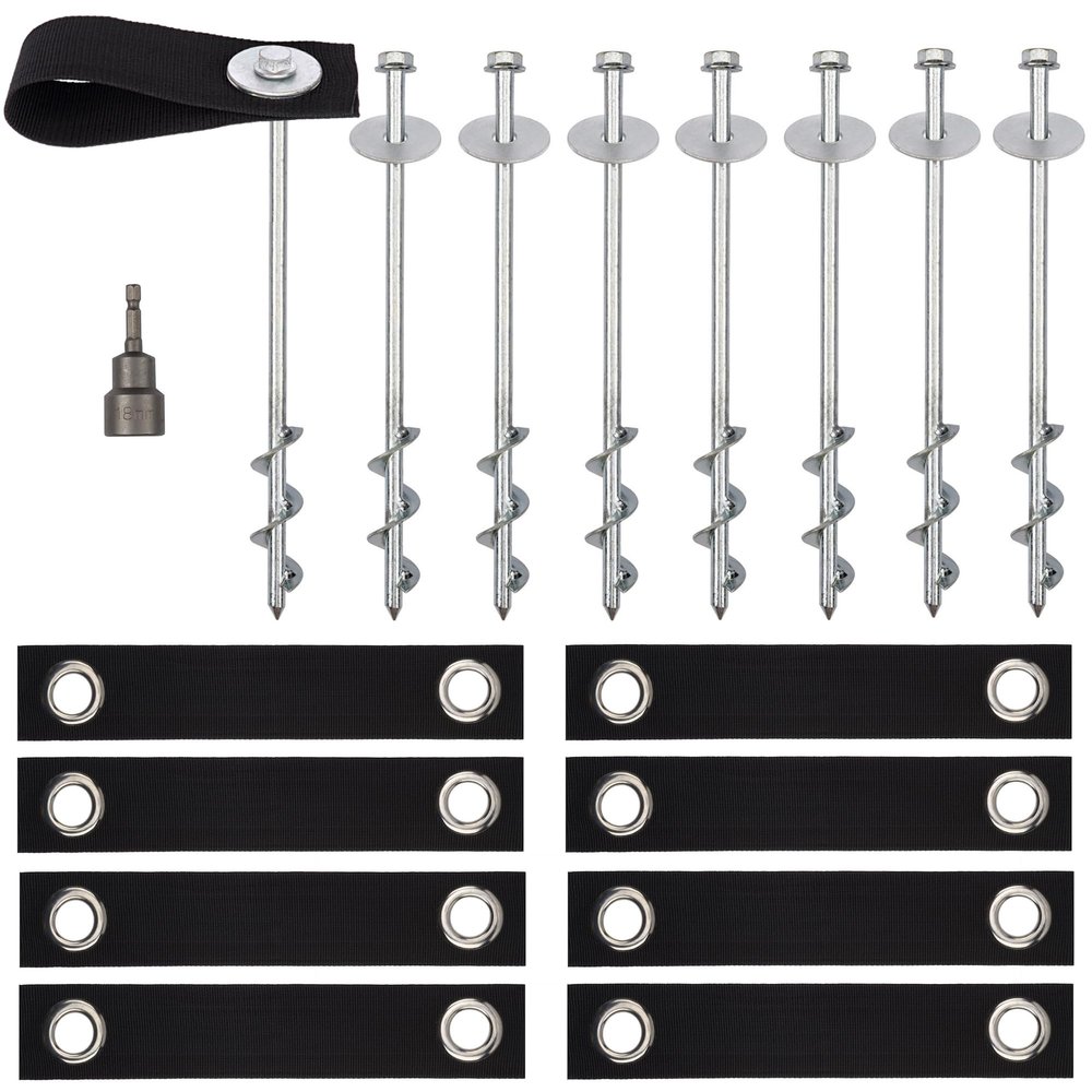 Trampoline Anchors High Wind Heavy Duty 12" Set of 8 with Straps, Drill Bit - Trampoline Anchor Kit - Trampoline Stakes Anchors High Wind - Ground Anchors - Trampoline Wind Stakes - Ground Stakes