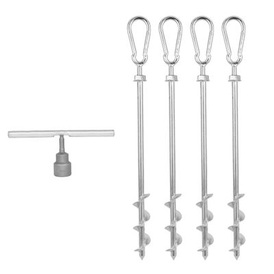 Earth Anchors - Heavy Duty Screw in Ground Stakes with Swing Carabiners - 12" Set of 4 with Drill Bit - Tent Stakes for Camping & Awning Canopy Anchor