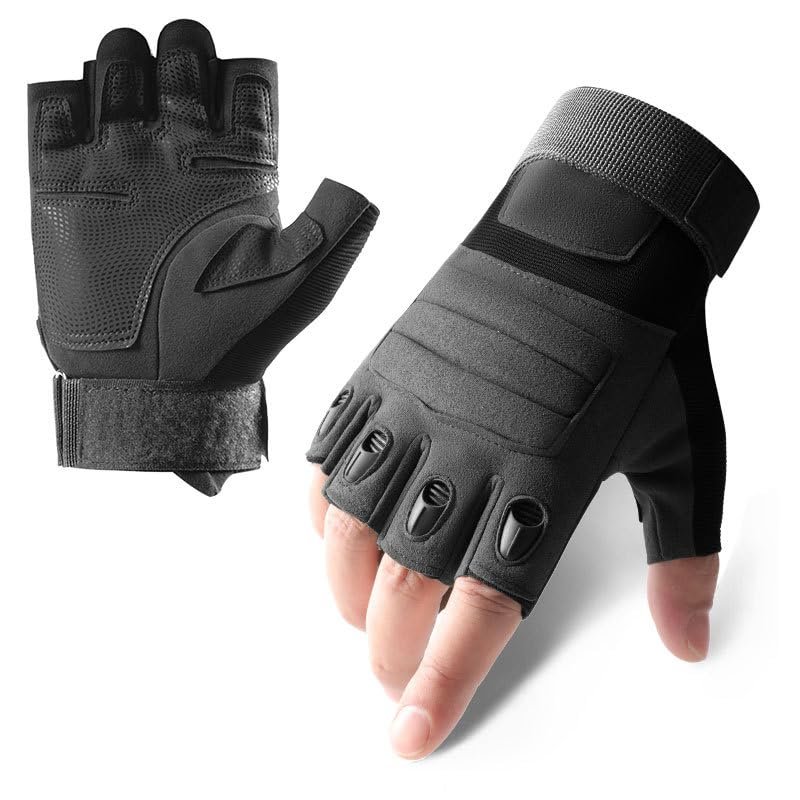 A Pair Outdoor Fingerless Gloves for Men Half Finger Tactical Gloves Combat Gloves Motorcycle Gloves with Hard Knuckle for Driving Cycling Shooting Hiking Hunting Climbing Airsoft Gloves 12CM 13