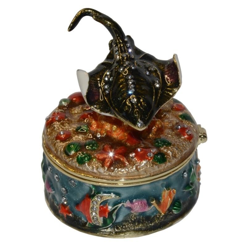 Stingray Trinket Box Enamel Nautical Ocean Decor Sea Life Jewelry Container Metal Gift Craft Decor