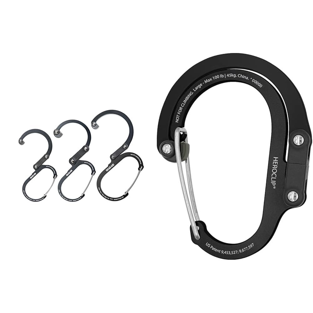 GEAR AID HEROCLIP Carabiner Clip and Hook (Medium, Small, Mini) & HEROCLIP Carabiner Clip and Hook (Large) for Camping, Backpack, Organization, and Garage, Stealth Black