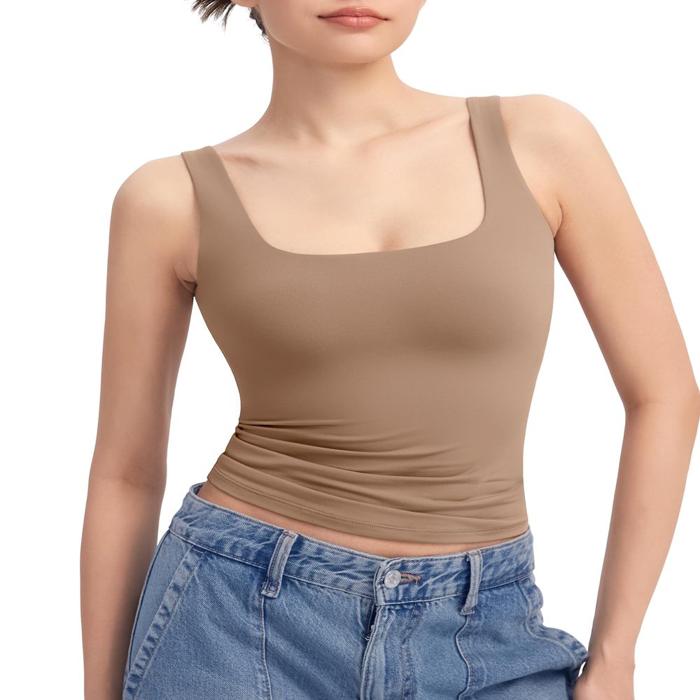 PUMIEY Tank Top for Women Square Neck Sleeveless Double Lined Summer Tops, Taffy X-Small