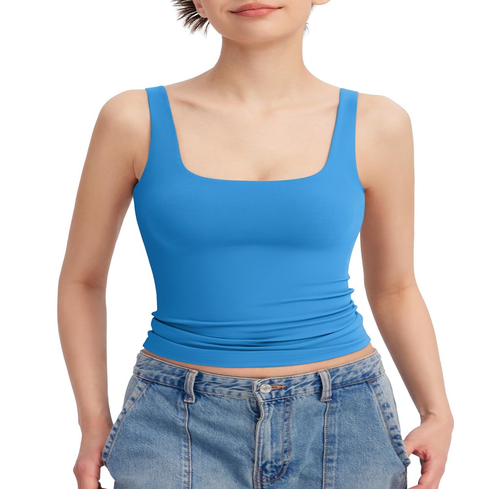 PUMIEY Tank Top for Women Sleeveless Double Lined Summer Going Out Top, Pool Large