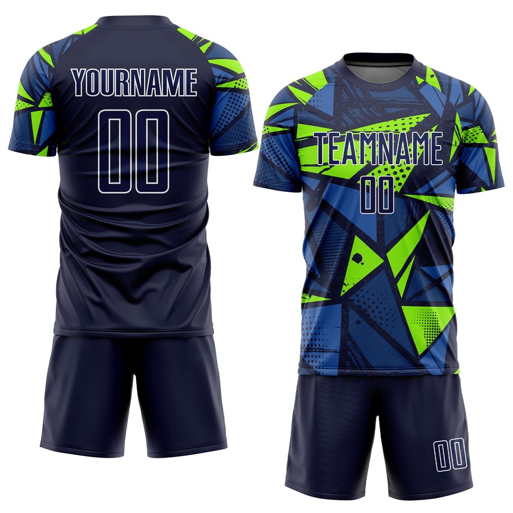 Custom Navy White Neno Green Soccer Jersey Personalized Soccer Shirts and Shorts for Unisex Boys Youth with Team Name Number Logo