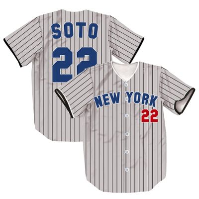 TIFIYA New York SOTO 22 Stripes Baseball Jersey NY Short Sleeve Button Shirts for Young Men Women T261-Grey-M