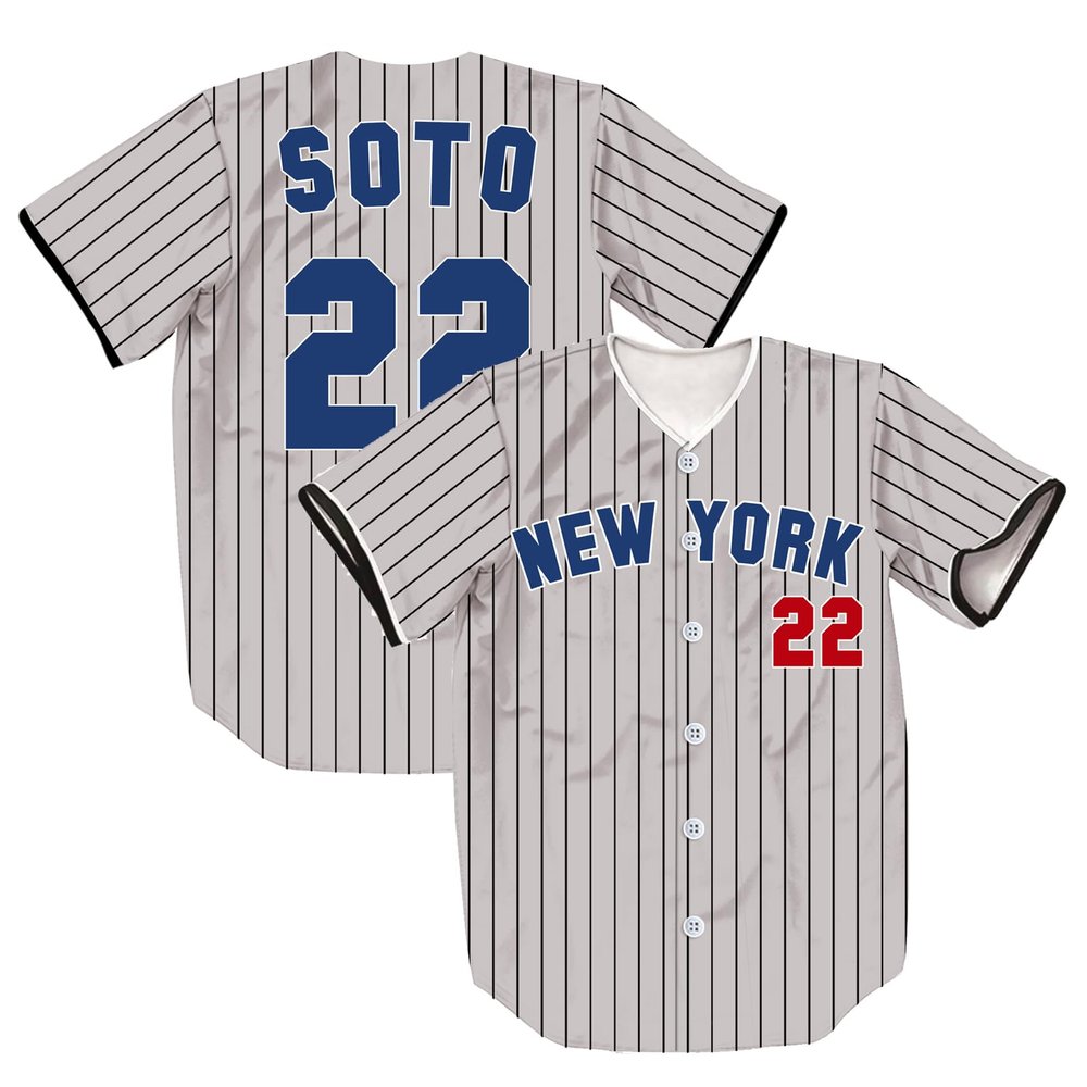 TIFIYA New York SOTO 22 Stripes Baseball Jersey NY Short Sleeve Button Shirts for Young Men Women T261-Grey-M