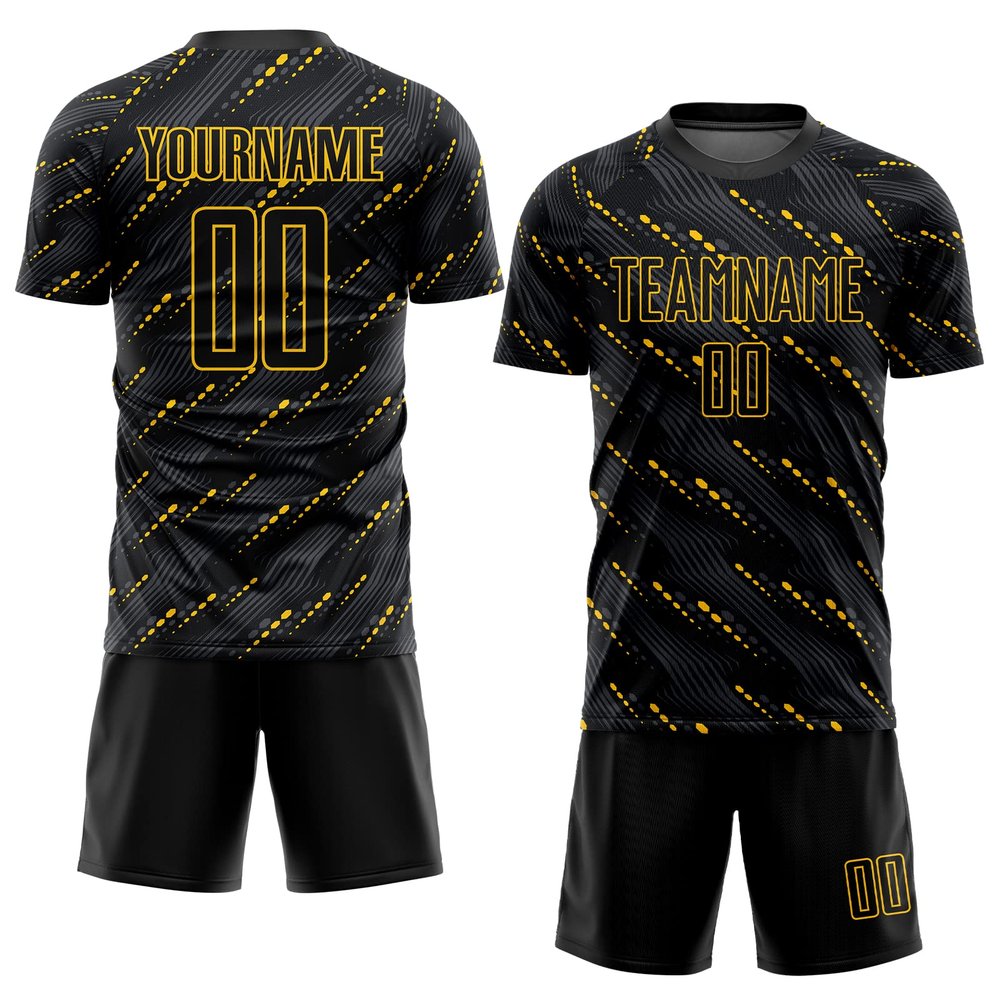 Custom Black Yellow Soccer Jersey for Men Women Personalized Boys Soccer Shirts and Shorts with Team Name Number Logo