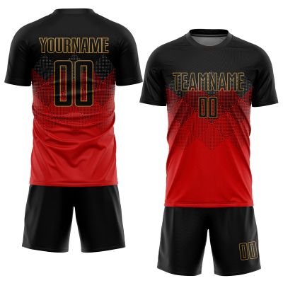 Custom Black Red Gold Soccer Jersey Personalized Soccer Shirts and Shorts for Men Women Youth Sports Uniform with Team Name Number Logo