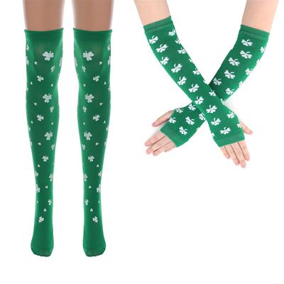 Urieo St. Patrick's Day Socks Green Over Knee Thigh High Stockings Shamrock Irish Costume Long Fingerless Arm Leg Warmers Set for Women