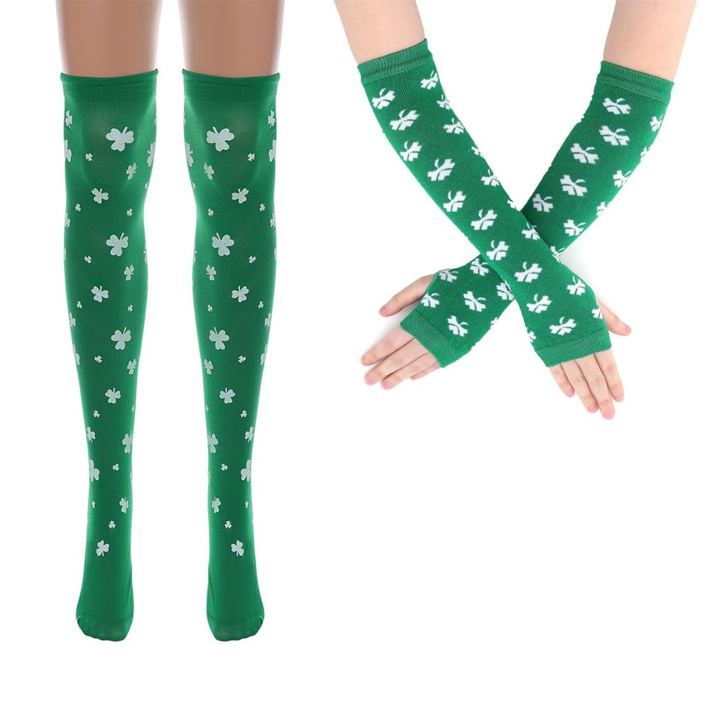 Urieo St. Patrick's Day Socks Green Over Knee Thigh High Stockings Shamrock Irish Costume Long Fingerless Arm Leg Warmers Set for Women