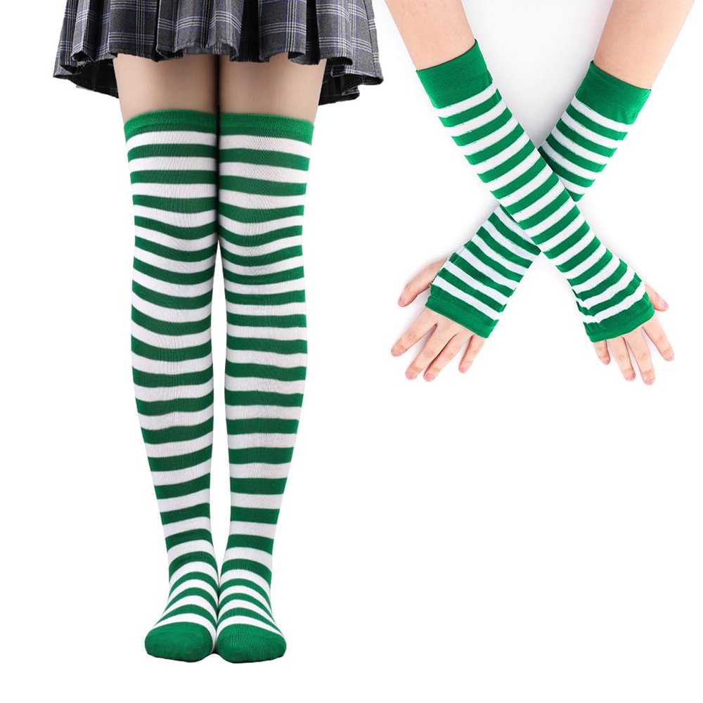 Urieo St. Patrick's Day Socks Green Over Knee Thigh High Stockings Striped Irish Costume Long Fingerless Arm Leg Warmers Set for Women