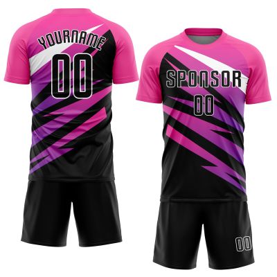 Custom Pink Black White Soccer Jersey for Men Women Personalized Boys Soccer Shirts and Shorts with Team Name Number Logo