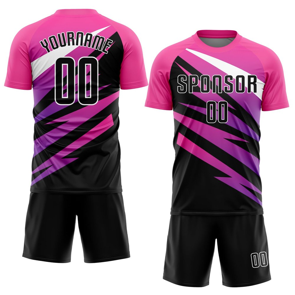 Custom Pink Black White Soccer Jersey for Men Women Personalized Boys Soccer Shirts and Shorts with Team Name Number Logo