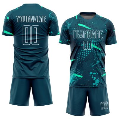 Custom Soccer Jersey Green White Aqua Personalized Soccer Shirts and Shorts Sports Uniform with Team Name Number Logo