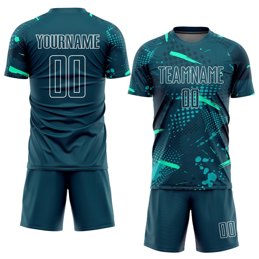 Custom Soccer Jersey Green White Aqua Personalized Soccer Shirts and Shorts Sports Uniform with Team Name Number Logo