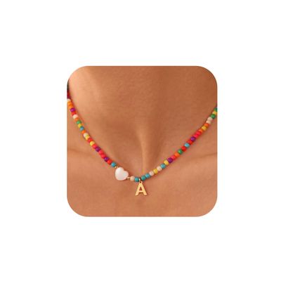 Ursteel Initial Necklaces for Women - Beaded Choker Heart Necklace for Women Trendy, Personalized Summer Letter A Choker Necklace Jewelry for Women Valentines Galentines Day Gifts