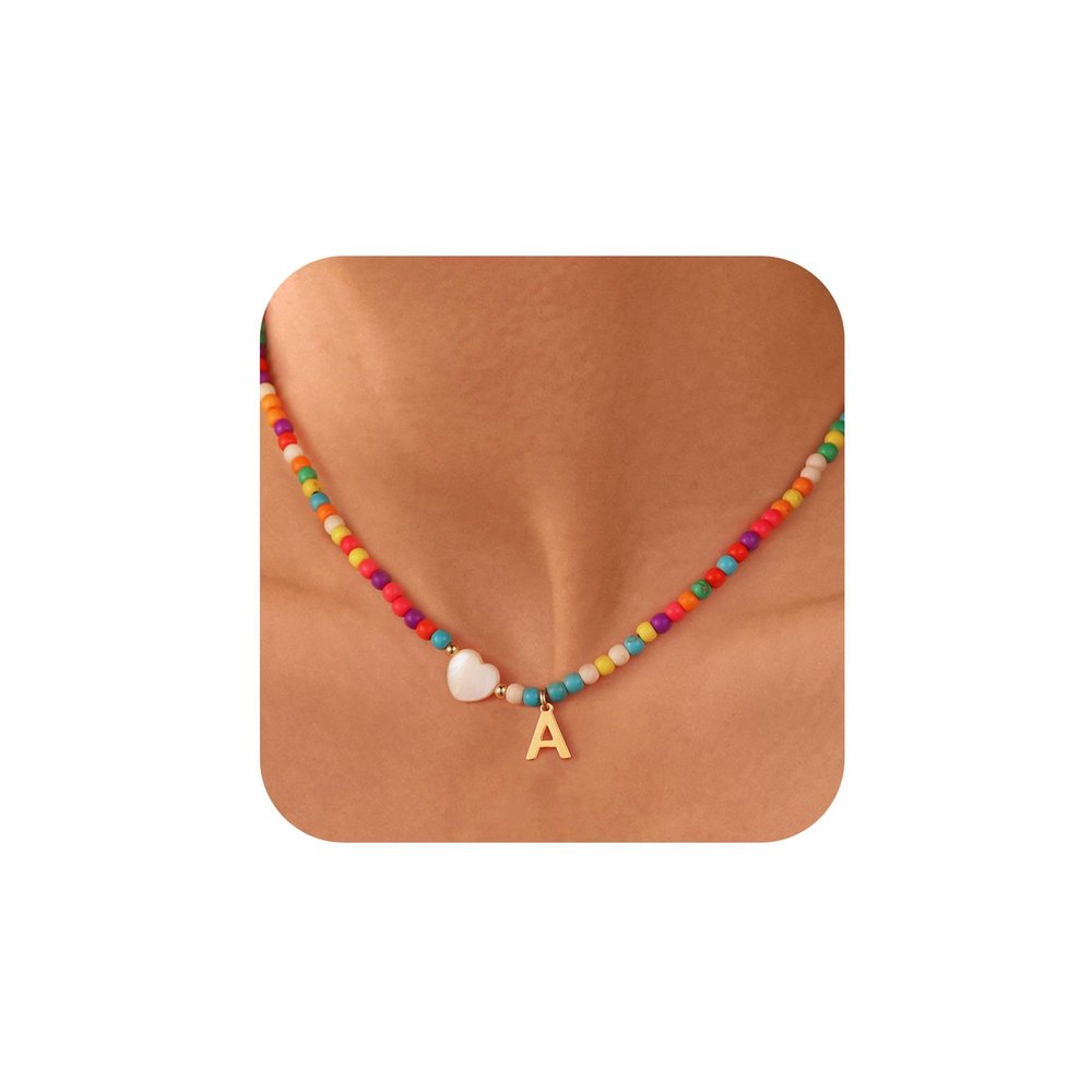 Ursteel Initial Necklaces for Women - Beaded Choker Heart Necklace for Women Trendy, Personalized Summer Letter A Choker Necklace Jewelry for Women Valentines Galentines Day Gifts