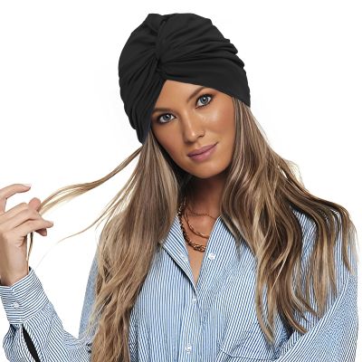 Turbans Head Cover Twisted Headwrap Cap Stretch Turbans Cap Adult Swim Hats Stretch PVC Pleated for Lady (Black)