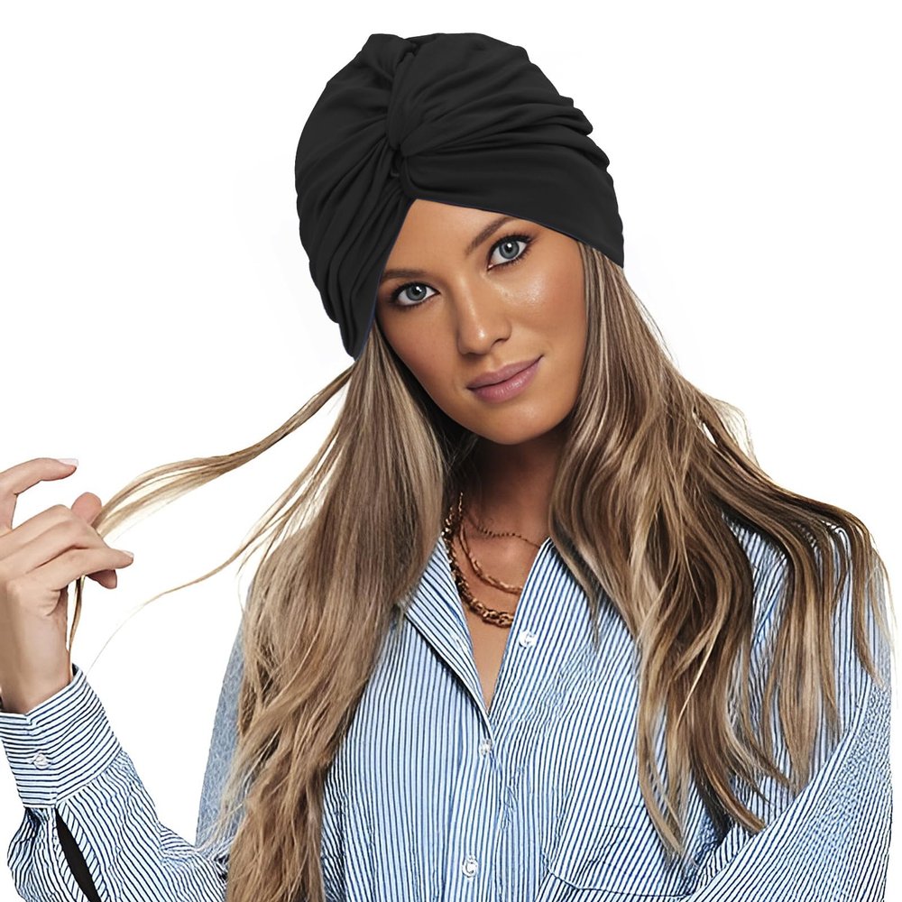 Turbans Head Cover Twisted Headwrap Cap Stretch Turbans Cap Adult Swim Hats Stretch PVC Pleated for Lady (Black)