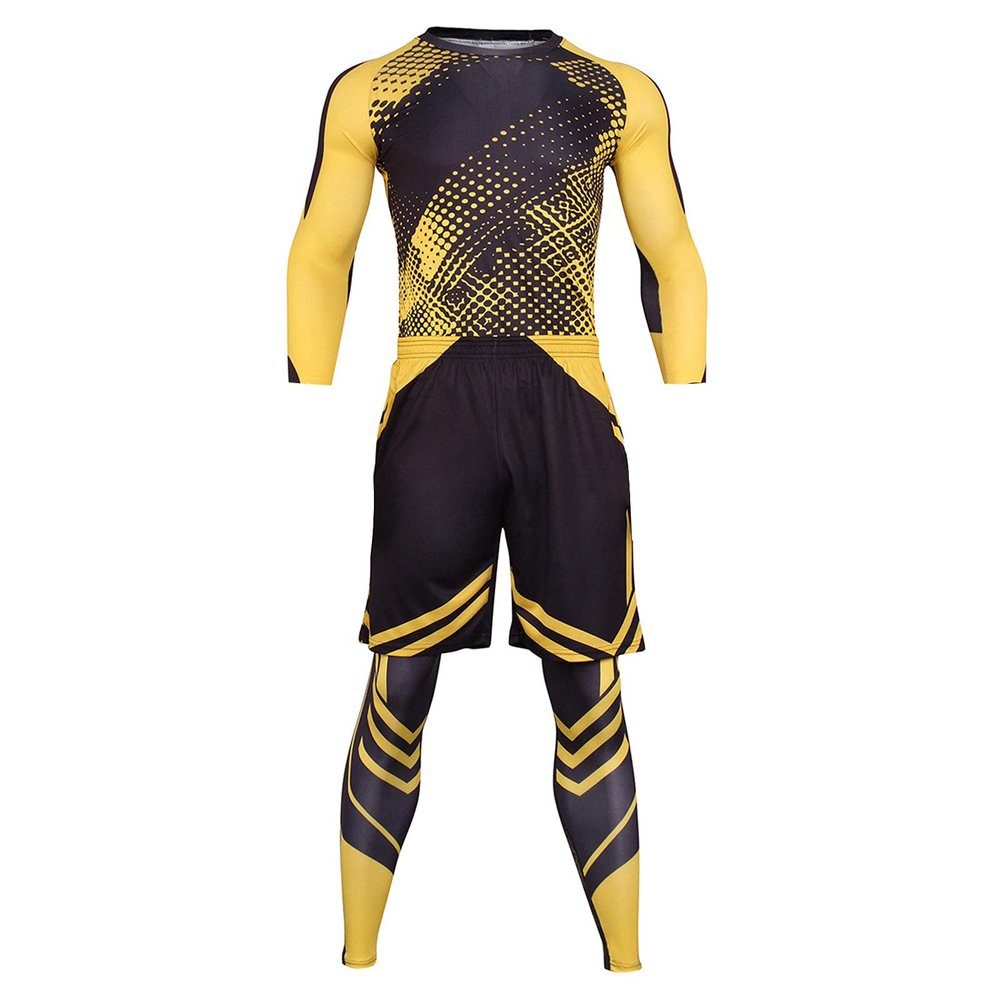 xoxingysm Mens Workout Set Compression Shirt & Shorts Sport Base Layer Suit Quick Dry Moisture-Wicking Valentine Gift Yellow