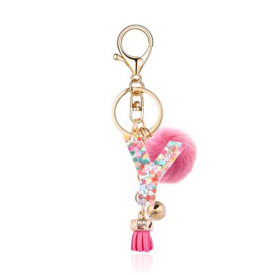 OKAICEN Deep Pink Resin Alphabet Initial Letter Keychain Keyring for Women Purse Handbags With Tassel&Fur Ball Pom('Y')
