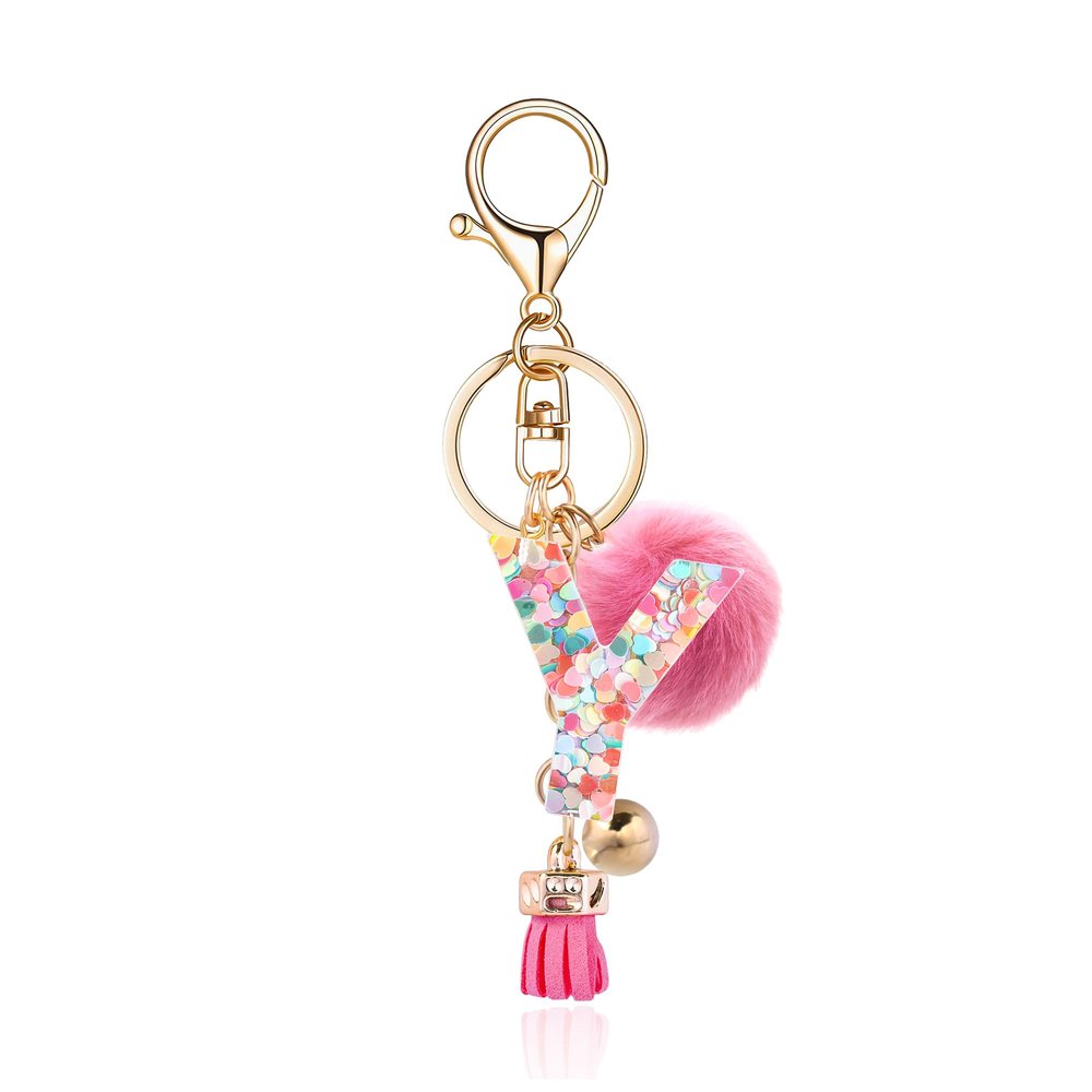 OKAICEN Deep Pink Resin Alphabet Initial Letter Keychain Keyring for Women Purse Handbags With Tassel&Fur Ball Pom('Y')