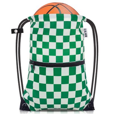 CALACH draw string back bag, Large Gym Sports string backpack for men and women with front zipper pocket(Greencheckered)