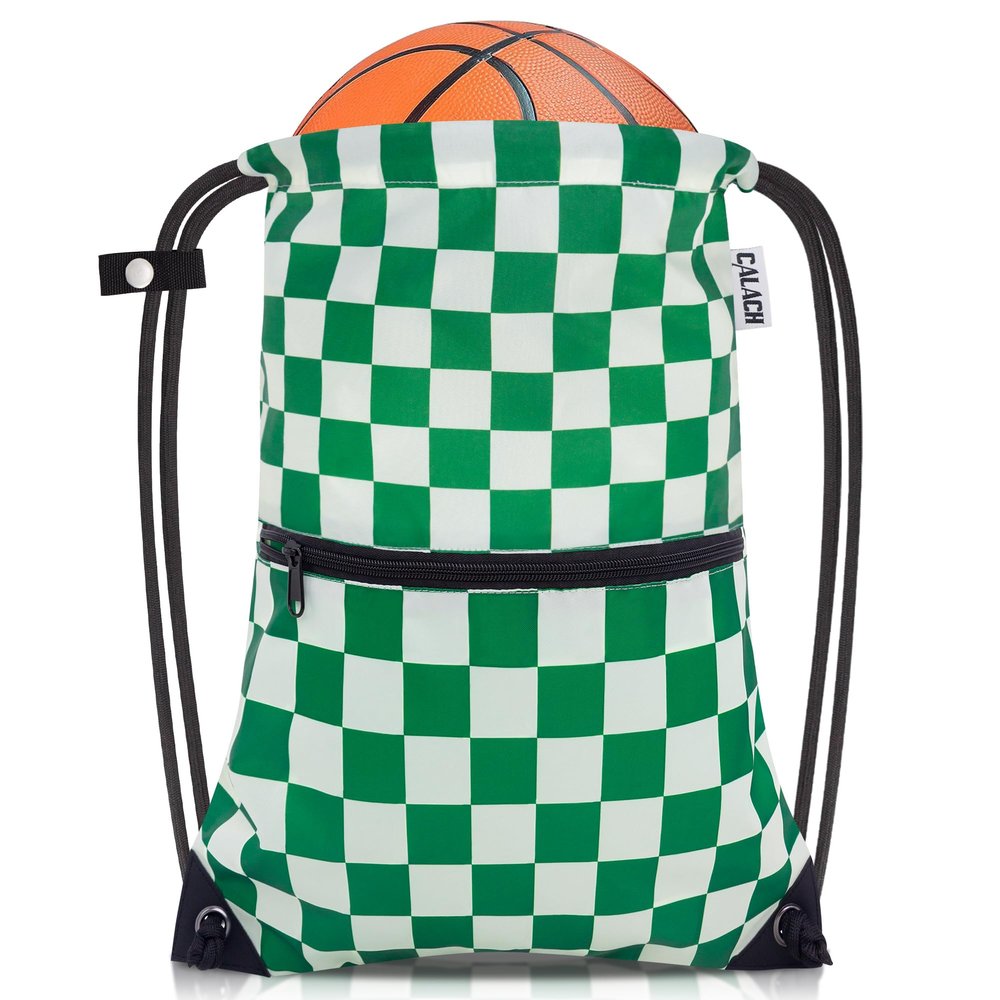 CALACH draw string back bag, Large Gym Sports string backpack for men and women with front zipper pocket(Greencheckered)