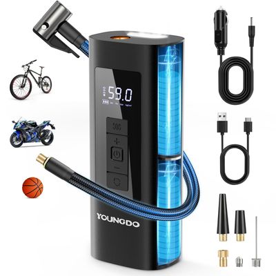 YOUNGDO Tire Inflator Portable Air Compressor, 150 PSI Air Pump with Pressure Gauge and LED Light for Car, Motorcycle, Bike and Balls