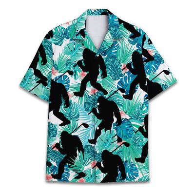 Men's Bigfoot Golf Hawaiian Shirt, Tropical Aloha Sasquatch Short Sleeve Button Down Shirt for Men, Women