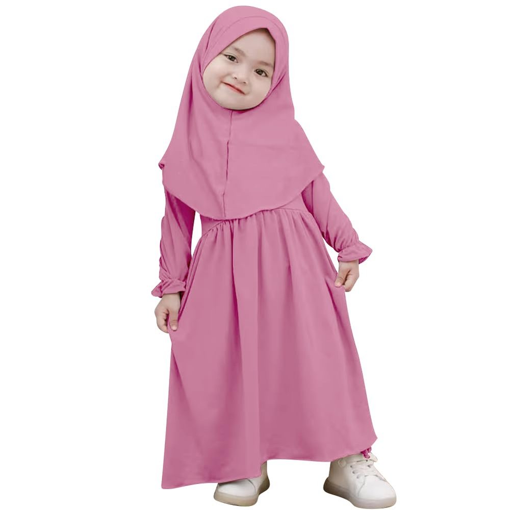 Abayas for Baby Girls Abaya Dubai Turkey Kaftan Prayer Maxi Dress and Full Cover Pom-Poms Hijab Toddler Muslim Long Sleeve Arabian Robe Ramadan Modest Islamic Clothes Clothing Purple Pink 6-12 months