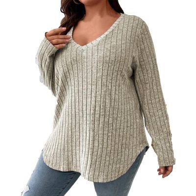 Plus Size Tops for Women Casual Long Sleeve V-Neck Shirts Slim Fit Ribbed Knit Pullover Ladies Dressy Blouse Tunic Tops