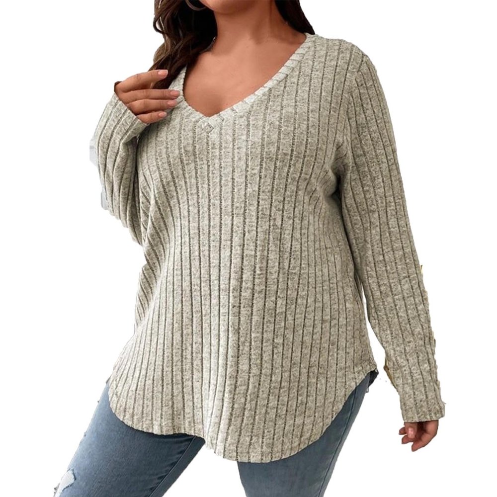 Plus Size Tops for Women Casual Long Sleeve V-Neck Shirts Slim Fit Ribbed Knit Pullover Ladies Dressy Blouse Tunic Tops