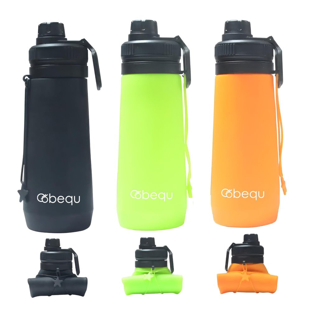 BEQU 750ml/25 Fl Oz Foldable Silicone Water Bottle, Reusable, BPA Free, Dishwasher-Safe, Sports bottle for Travel Gym Camping Hiking, Portable, Leak Proof (3PK MC2)