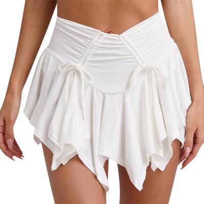 QinCiao Womens Asymmetrical Hem Mini Skirt Ruffle Y2k E-Girl Low Waist Tie-up Skirt for Club Party White Medium