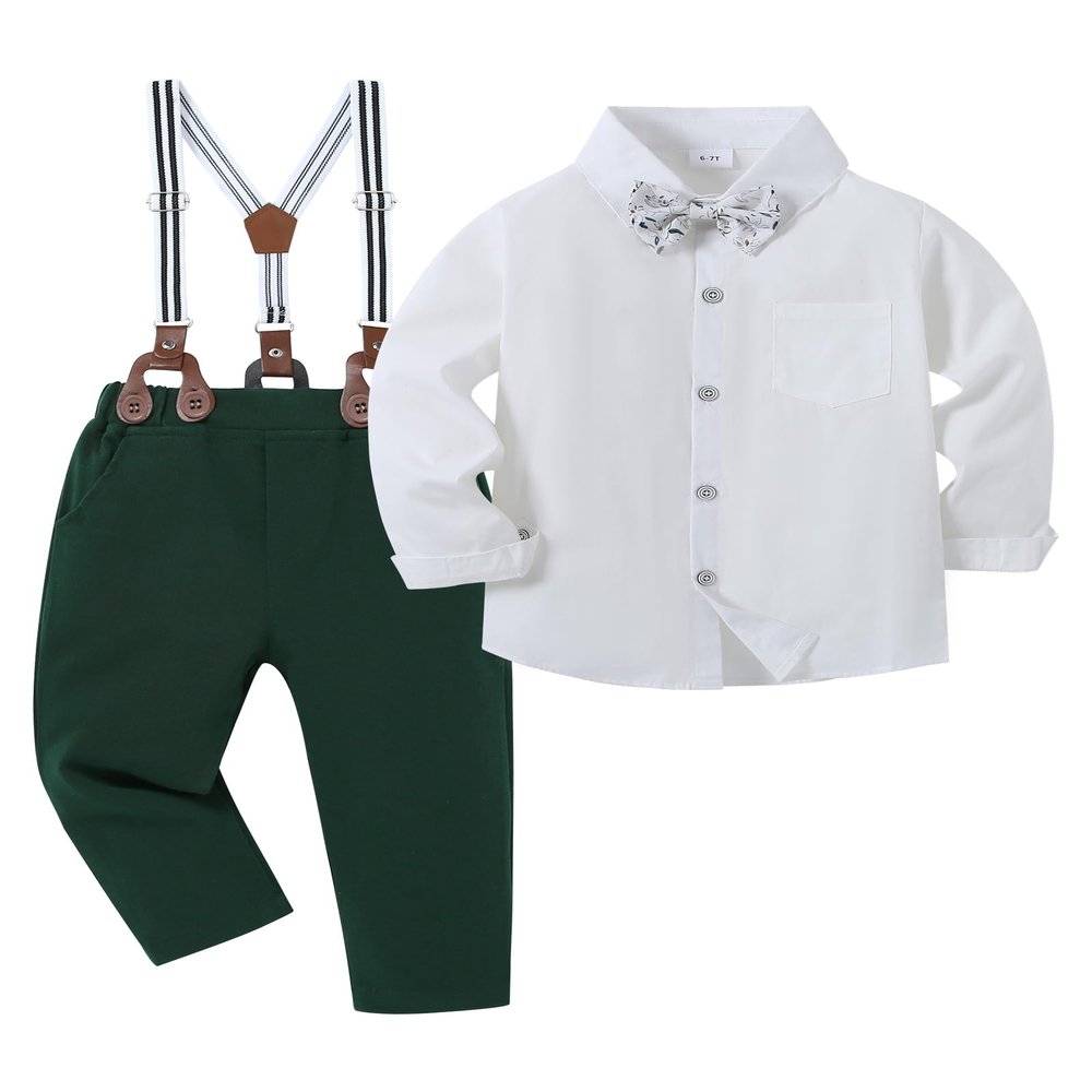 YALLET Boy Clothes Suit, Formal Dress Shirt with Bowtie+Suspender Pants Big Kid Gentleman Wedding Outfits(White Green, 6-7 Years)