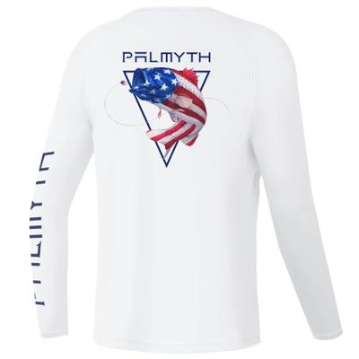 Palmyth Boys Fishing Shirt Youth Long Sleeve T-Shirt UPF 50+ Sun Protection (White/Largemouth Bass, M)