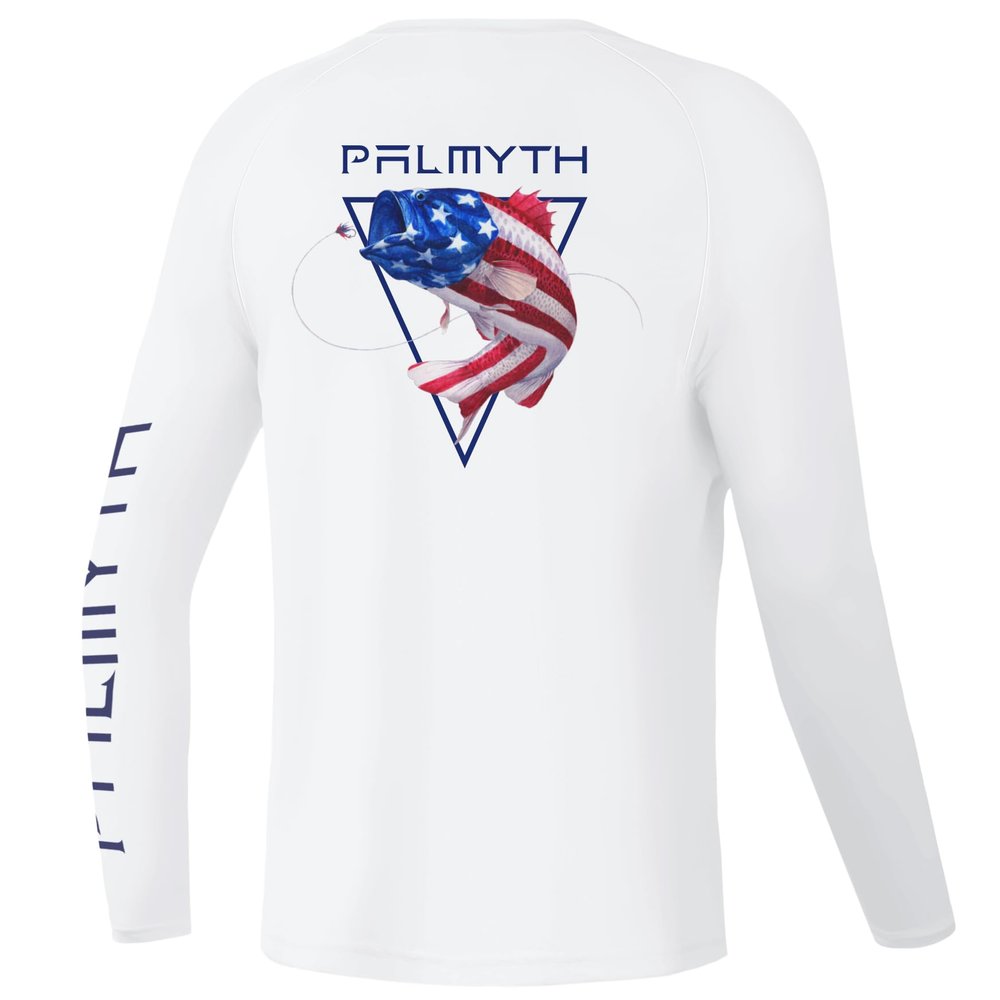 Palmyth Boys Fishing Shirt Youth Long Sleeve T-Shirt UPF 50+ Sun Protection (White/Largemouth Bass, M)