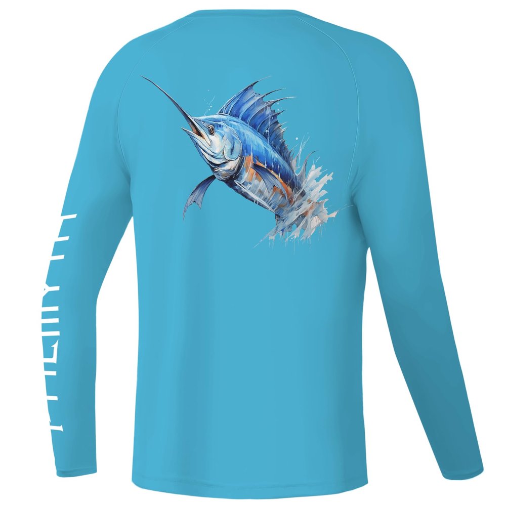 Palmyth Boys Fishing Shirt Youth Long Sleeve T-Shirt UPF 50+ Sun Protection (Blue Sky/Swordfish, M)